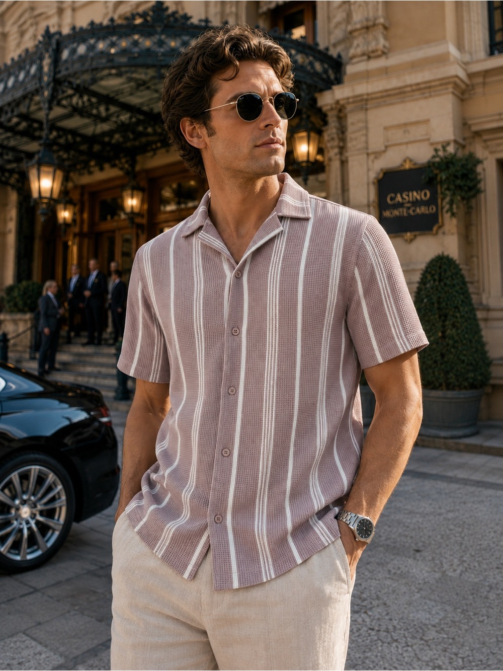Larsson & Co 100% Combed Cotton Waffle Resort Shirt Pink Stripe L NWT